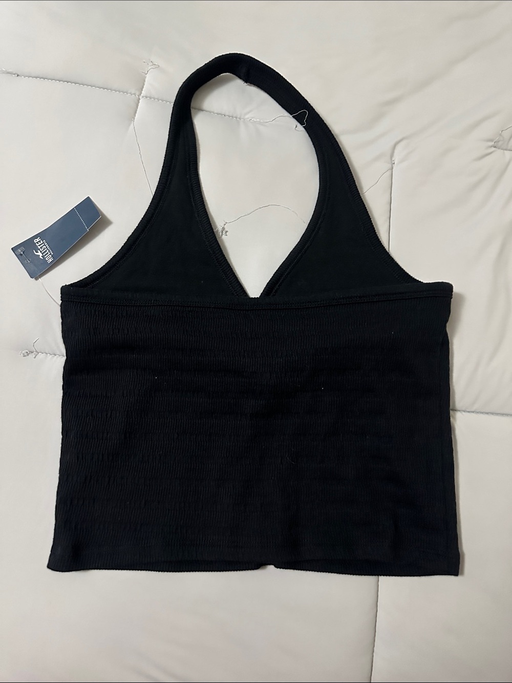 Black Women's ribbed Halter Tank Top with Button Detail - Picture 2 of 3